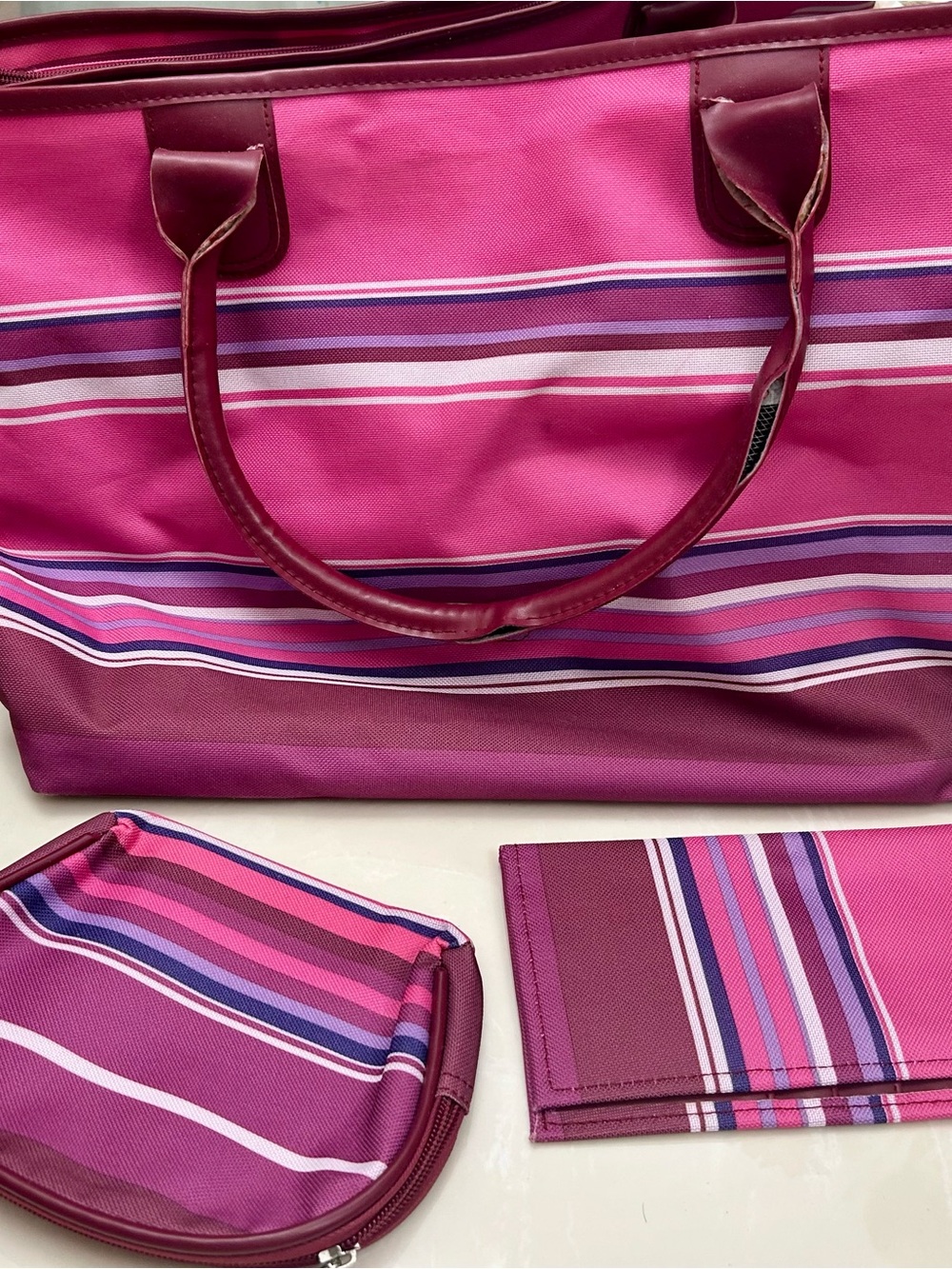 Pink Striped Women’s Tote Bag with Matching Accessories